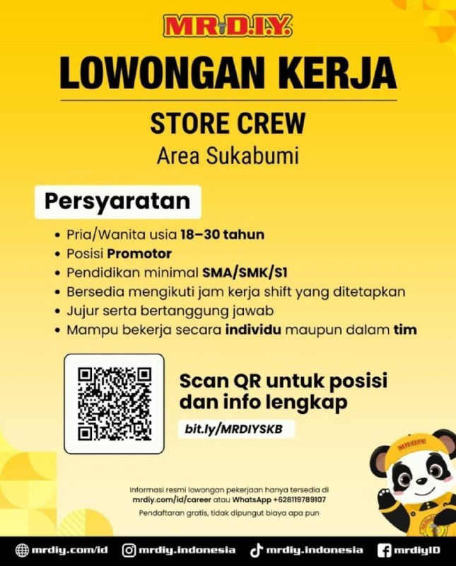 Lowongan Kerja MR DIY Penempatan Sukabumi Terbaru 3 Loker